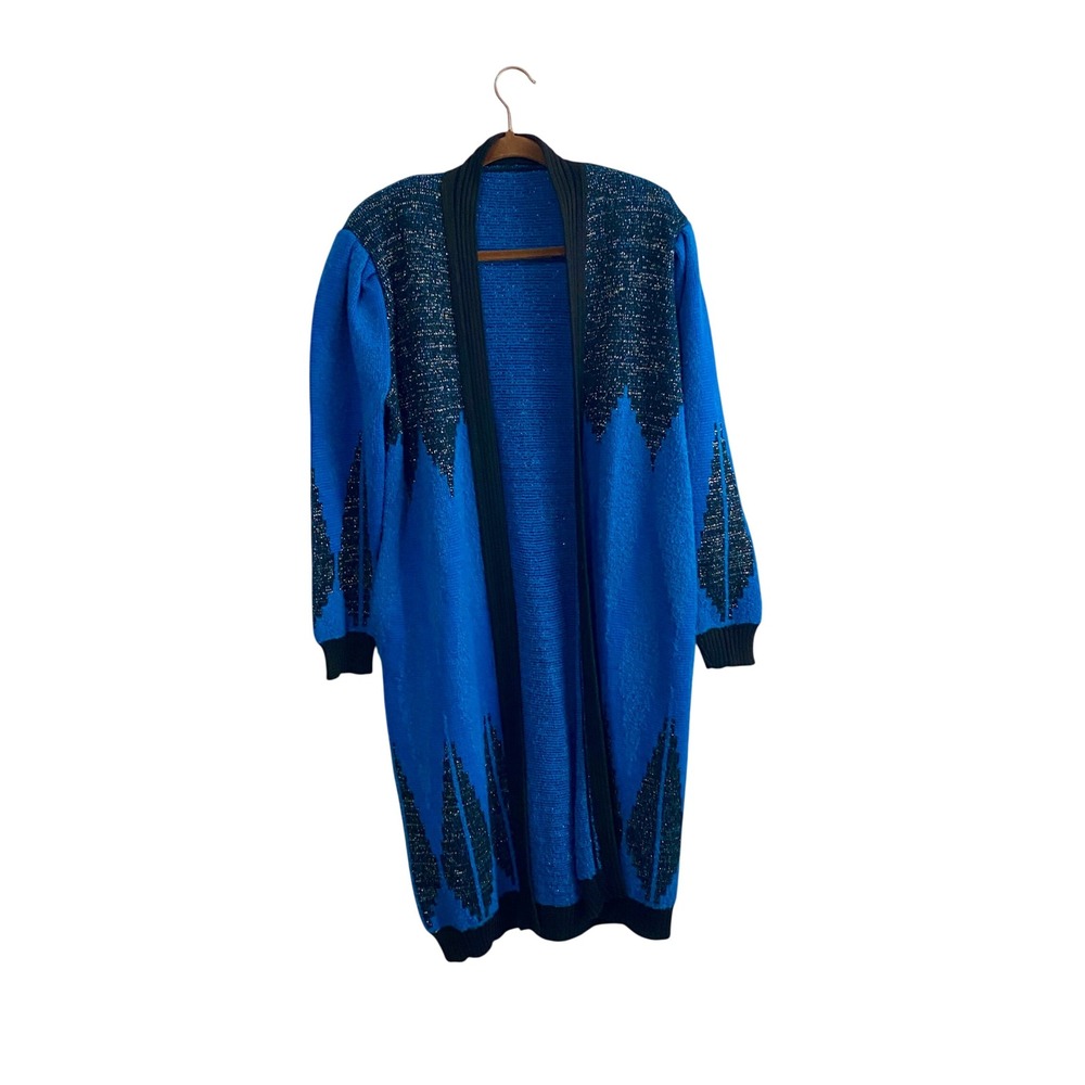 Vintage 80s Metallic Blue Black Knit Duster Cardigan Sweater Open Front